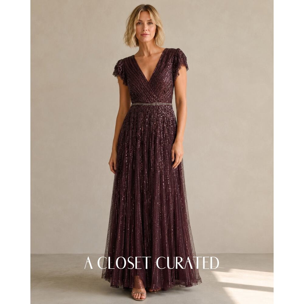 Mac Duggal Sequined Wrap Over Ruffled Cap Sleeve Gown Burgundy 6 NWT Style 5502